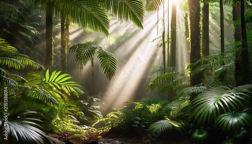 sunlight filters through dense tropical foliage and lush rainforest plants creating a serene and misty atmosphere with damp leaves and vibrant green textures nestled deep inside a natural habitat