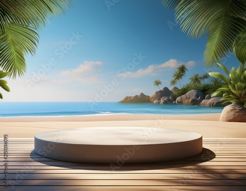 empty stone podium on tropical beach for product display with tropical platform seascape vacation paradise cosmetic