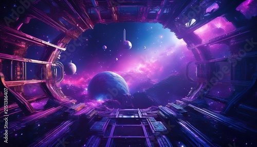 a vibrant purple nebula illuminates the dark reaches of outer space where celestial bodies and distant star clusters drift beside a futuristic mechanical structure frame in the dark night atmosph