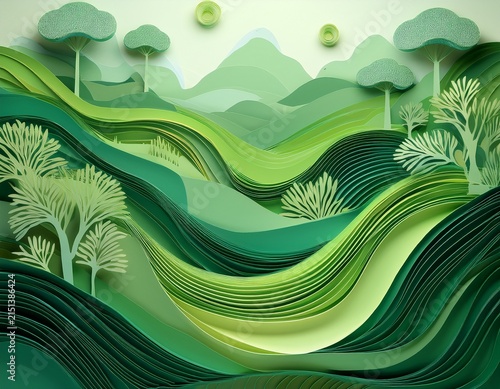 layered papercraft landscape featuring soft curves and botanical shapes in shades of green provides a vibrant artistic scene perfect for nature inspired projects needing creative depth and intere