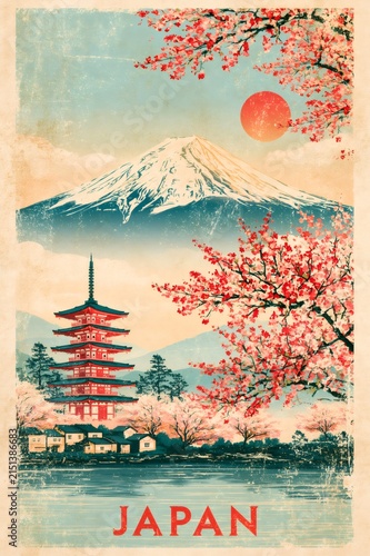 Japan travel poster with mount fuji and cherry blossoms