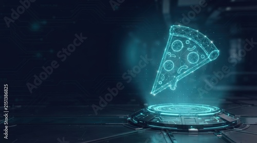 Holographic pizza slice floating above a circular tech platform with glowing blue light, futuristic digital interface, top-down camera angle, studio lighting, tech-inspired mood.