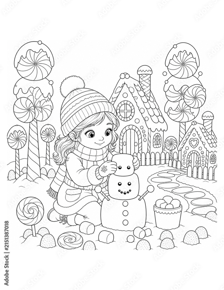 Fototapeta premium Girl Building Marshmallow Snow Friend - Coloring Page