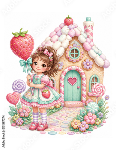 Girl in Candy Cottage Garden - Color Illustration