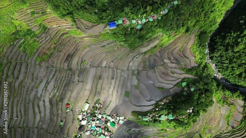 Aerial top view of picturesque Batad Rice Terraces in Ifugao Province, Luzon Island, Philippines, 4k