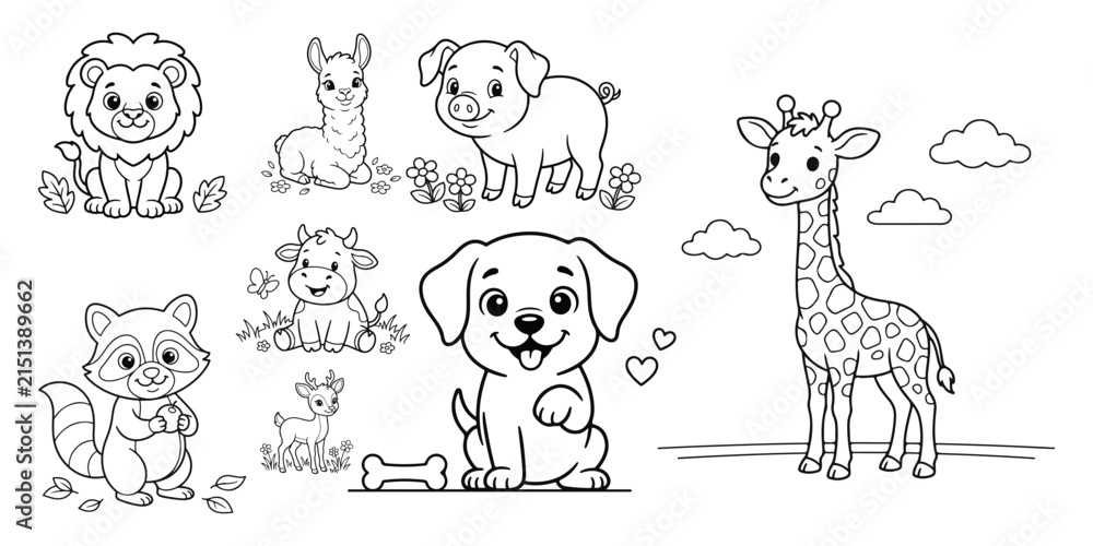 Naklejka premium Set of cute cartoon animals for coloring book page for kids with lion llama pig giraffe