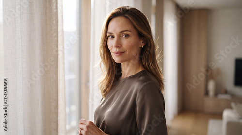 A beautiful mature woman standing by a bright window in a modern living room.