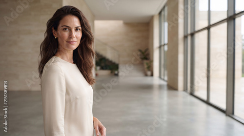 A professional woman standing in a bright modern office building interior.