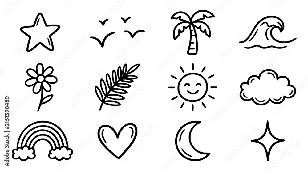 Obraz premium Hand drawn summer doodle icon set featuring palm tree ocean wave smiling sun rainbow cloud flower birds stars heart and moon vector symbols