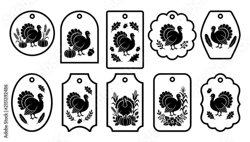 A collection of ten unique decorative thanksgiving gift tags featuring turkey illustrations and various border shapes presented as an isolated on transparent background