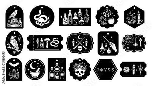 This set of fifteen decorative gothic gift tags features mystical occult symbols and patterns, presented as an isolated object on a transparent background for easy design use.