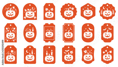 A collection of fifteen festive red halloween gift tags featuring various cute pumpkin faces and decorative patterns presented as isolated on transparent background