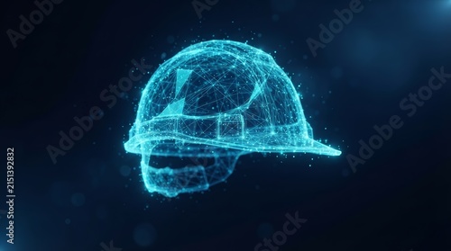 Innovation in safety technology depicted through a digital hard hat with blue glowing light particles.