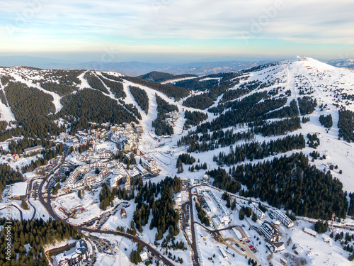 High Angle Aerial View of Kopaonik Ski Resort and Pancicev Vrh Peak at Sunset Serbia