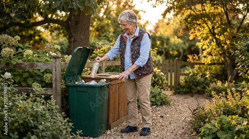 Elderly woman recycling plastic bottles in a garden during golden hour
