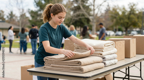 Young volunteer folds blankets at an outdoor donation event helping community members