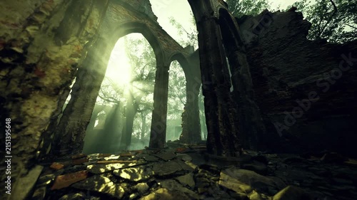 Golden beams of sunlight pierce through the crumbling arches of an old structure, illuminating the lush, verdant foliage that surrounds the ruins, creating a serene atmosphere.