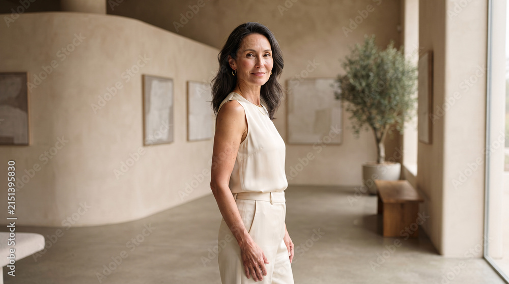 Fototapeta premium Portrait of a confident woman standing in a modern minimalist interior space.