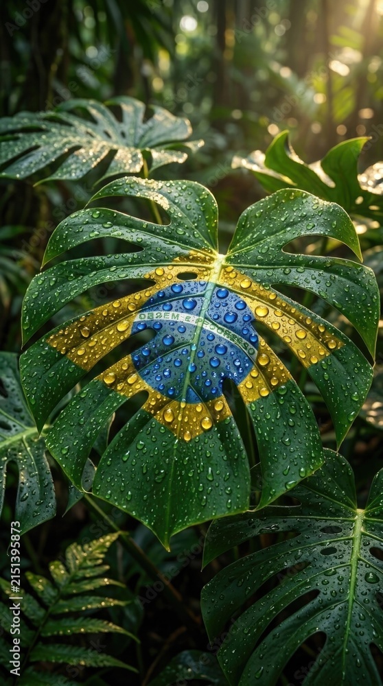 Obraz premium Monstera deliciosa leaf painted with national flag colors of Brazil, demonstrating patriotism for Brazilian Independence Day on September 7, covered in fresh water drops inside wild jungle.