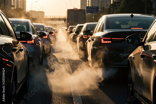 Cars queue on a street, emitting thick exhaust fumes. Traffic congestion in an urban environment creates air pollution and smog during daytime. Commute frustration is visible.