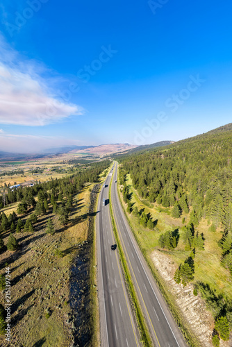 Foto Aerial View of Trans-Canada Highway With Wild Fire Smoke Near Merritt, British C