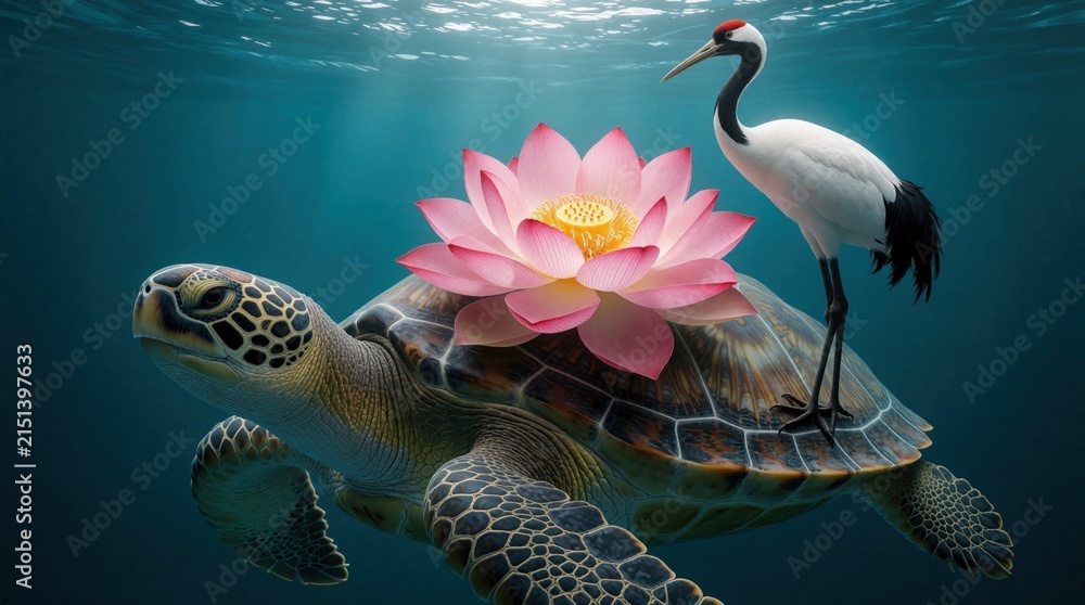 Obraz premium Large sea turtle swims in blue water carrying pink lotus blossom on shell. White crane bird stands atop turtle back in peaceful underwater scene. Animals travel together through deep ocean depths.