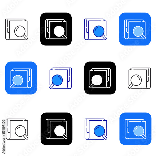 Document magnifier concept representing report search and record inspection. Line, filled, black, color set. Editable stroke