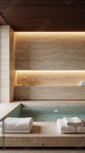 Luxury spa bathroom with tranquil water feature, plush towels, and warm ambient lighting. Soft earth tones and natural stone create serene, relaxing atmosphere. Minimalist design perfect for wellness.