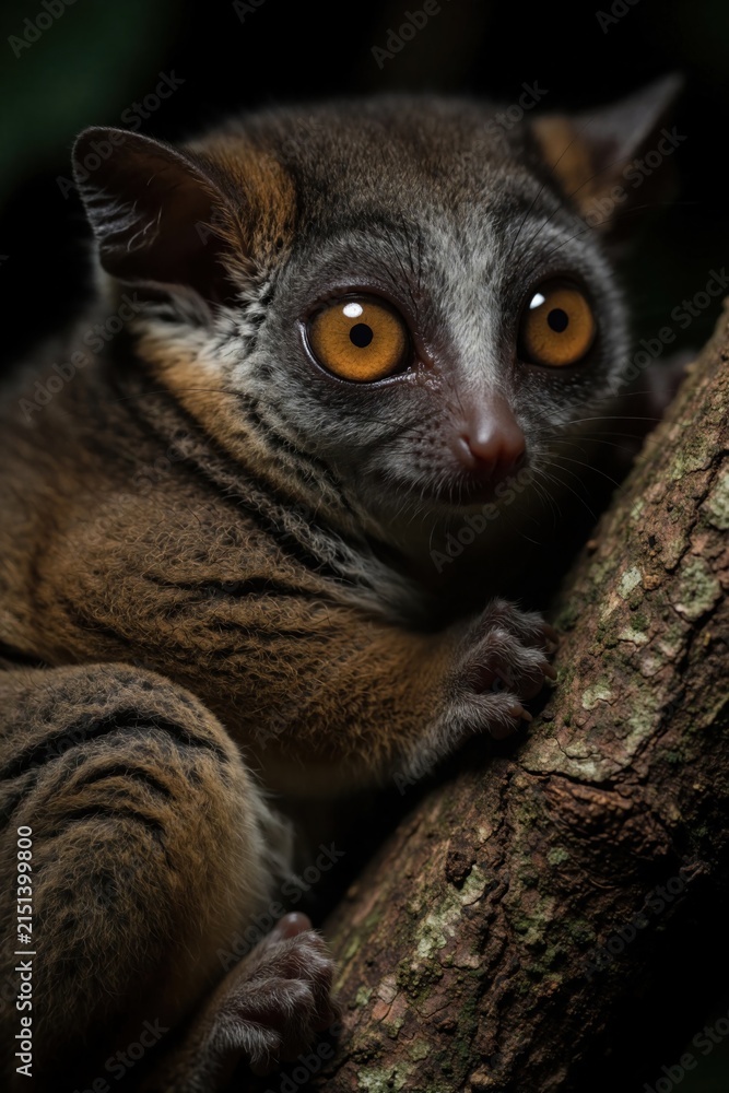Fototapeta premium Small nocturnal bushbaby sits on tree bark in dark forest. Cute primate big orange eyes, soft grey fur. Wild galago looks into camera lens at night. African mammal rests in jungle habitat. Exotic