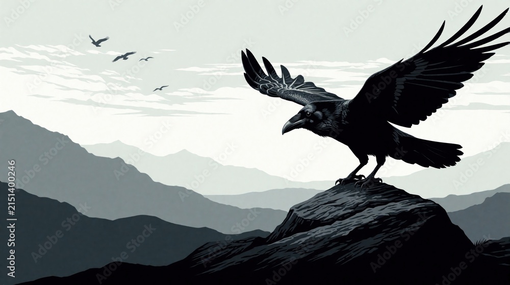 Fototapeta premium Black raven silhouette perches on rocky mountain peak. Large wings spread wide against misty valley background. Birds fly across cloudy sky. Dark moody nature landscape illustration shows wild bird