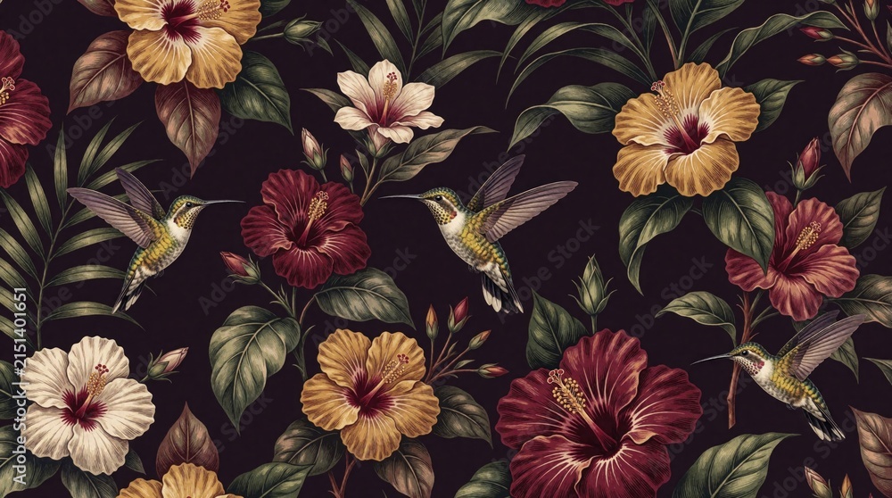 Fototapeta premium Seamless floral pattern with hummingbirds, tropical hibiscus flowers on dark background. Vibrant exotic birds fly among colorful botanical foliage, green leaves. Elegant retro print design for