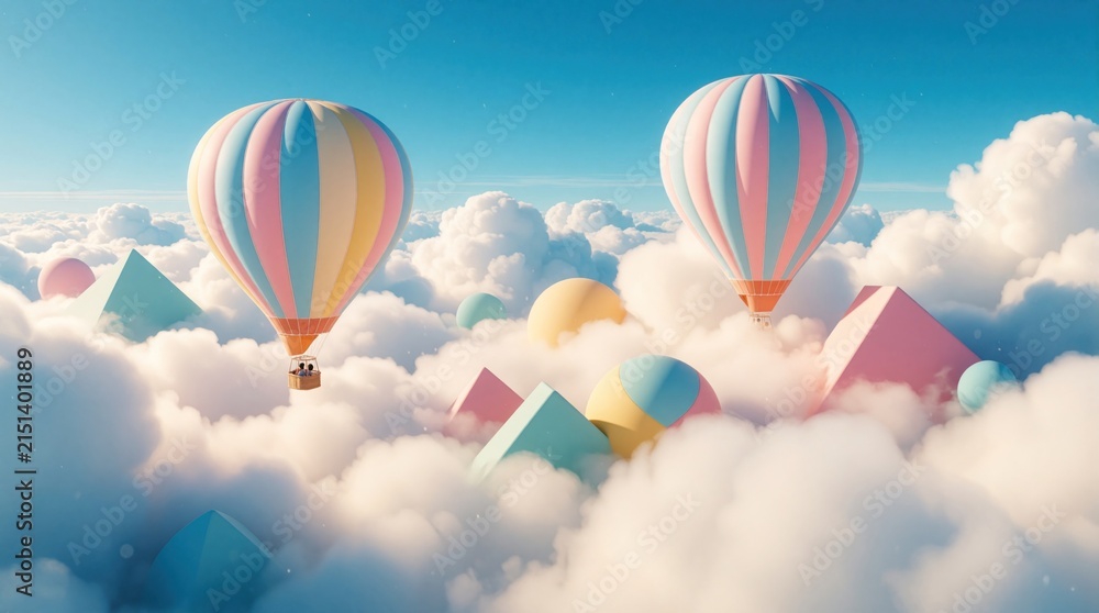 Fototapeta premium Two colourful hot air balloons float high above soft white clouds. Bright blue sky shines in background. Surreal scene features abstract pink pyramids, large spheres floating between fluffy cumulus