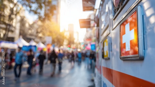 Urban mobile clinic van ready for patient care with clear signage and bustling street elements subtly blurred behind.