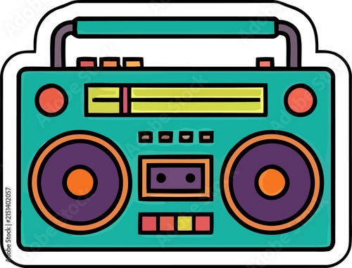 Colorful retro boombox illustration featuring a vintage cassette player design in a vibrant pop art style