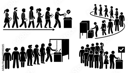 People Waiting in Line and Queue Silhouette Collection with Registration, Check In, Customer Service and Crowd Management Illustrations