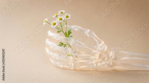 Transparent skeletal hand holding small daisy flowers for minimalist still life background and medical nature juxtaposition poster