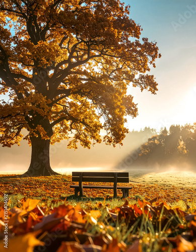 a lonely bench, in front of a large tree