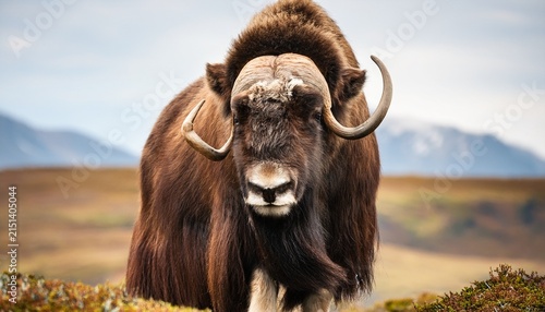 backgrounof a majestic brown musk ox stands proudly with large curved horns