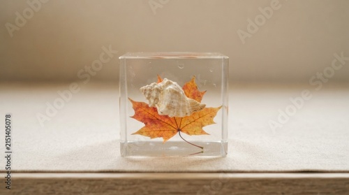 Orange maple leaf and seashell displayed in a clear acrylic cube on a neutral surface for still life background and product display