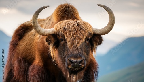 backgrounof a majestic brown yak with long fur and curved horns standing