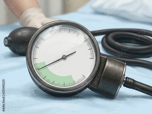 Manual blood pressure gauge resting on medical bedding with professional healthcare worker hand visible nearby with hospital fabric gloved monitor resting light