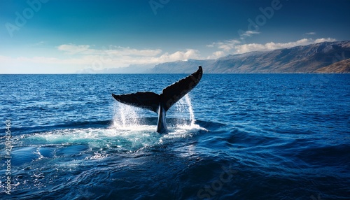 backgrounof majestic shimmering whale tail emerging from the ocean depths