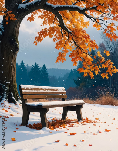 a lonely bench, in front of a large tree
