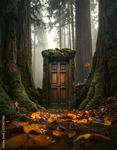 A closed door in the middle of a forest