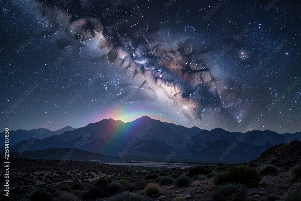 Obraz premium Stunning night landscape shows Milky Way galaxy stretching across dark sky above mountain range. Colorful rainbow appears over peaks under bright stars. Beautiful cosmic view features nebula clouds,