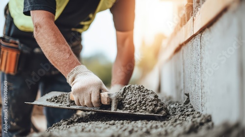 A builder levels fresh concrete with a steel trowel on a building site. The gritty textures and sunlight capture skilled craftsmanship in this ultra-realistic scene.