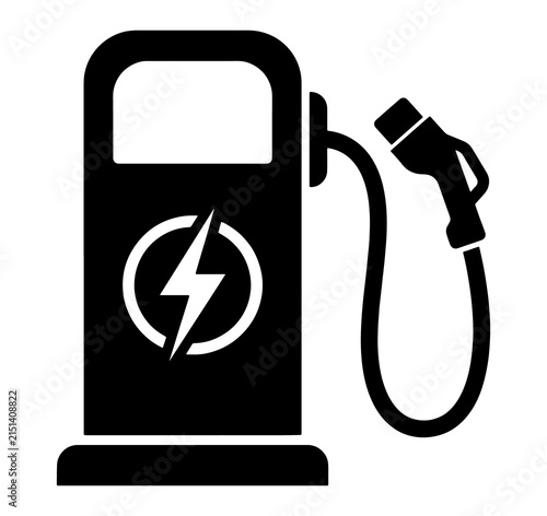 Cuadro en lienzo Black electric vehicle charging station icon with power cable and plug symbol on clear transparent base