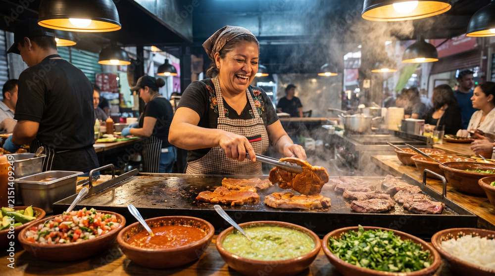 Obraz premium A joyful Mexican chef expertly grills juicy seasoned meat on a sizzling flat top griddle in a vibrant street food restaurant kitchen, surrounded by fresh colorful salsas.