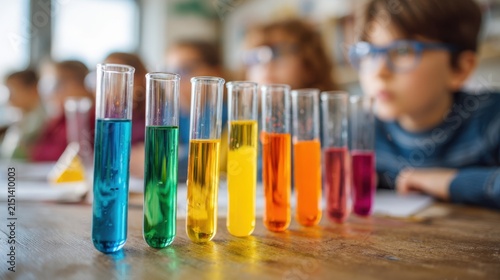 Children attentively watch a chemistry experiment with colorful liquids reacting in test tubes main subject in crisp focus against a blurred classroom background.