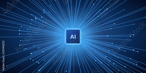 Innovative blue AI light burst circuit technology background, abstract light rays bursting from a central processor, digital concept for social media, wallpaper and backdrop, edition 4.